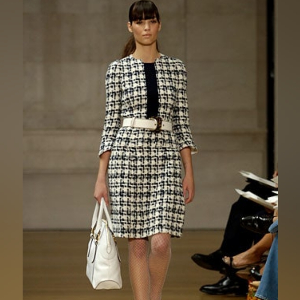 $4000 OSCAR DE LA RENTA SILK BLK WHT TWEED BEAD RUNW DRESS 12